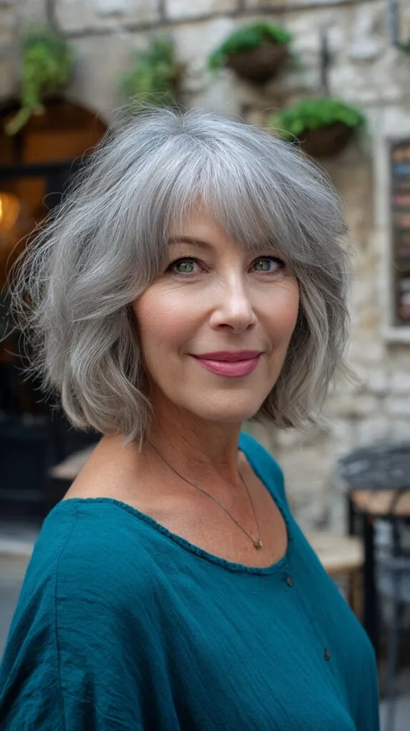 Short Silver Textured Shag with Soft Side-Swept Fringe