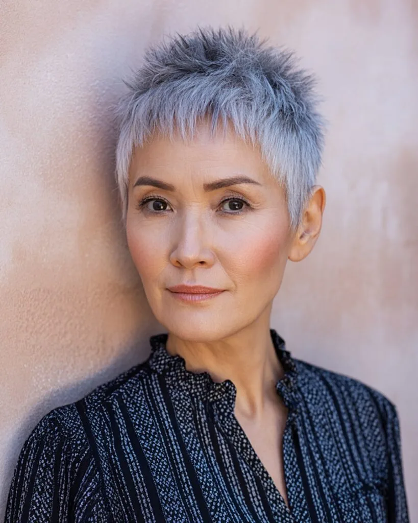 Short spiky haircut with razored fringe for large forehead on women over 50