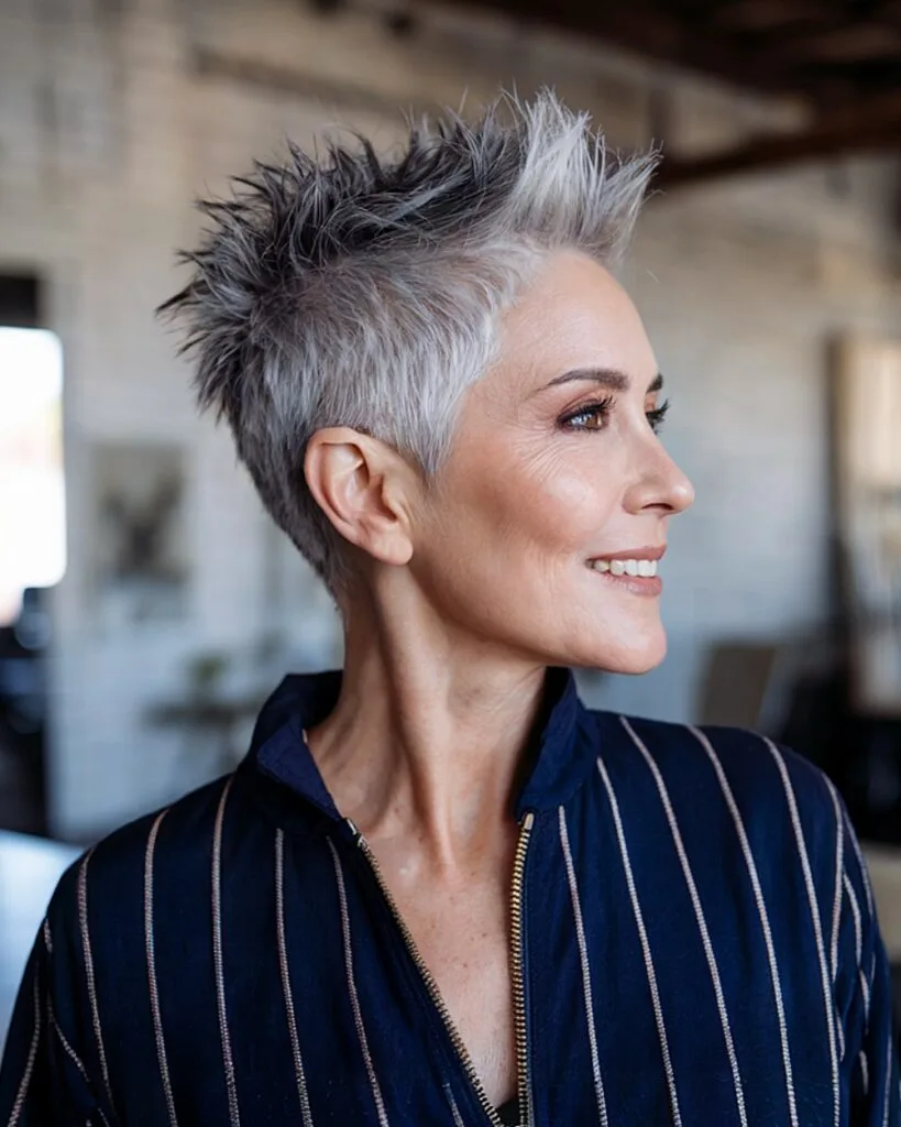 Short spiky pixie with tapered sides for women over 50 with thick gray hair