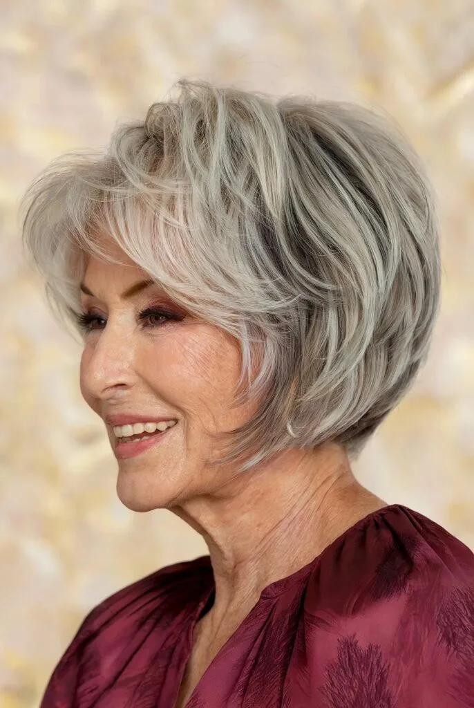 Short Stacked Feathered Bob with Soft Layers on Women Aged 60