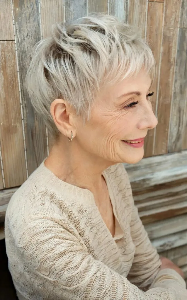 Short Tapered Feathered Pixie Hair with Choppy Bangs for Older Ladies Aged 60