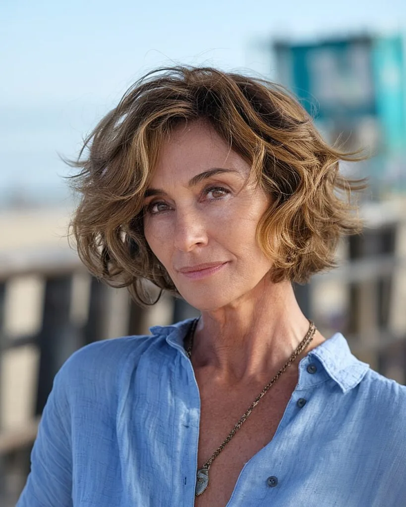 Short tousled wavy bob for thick textured hair over 50