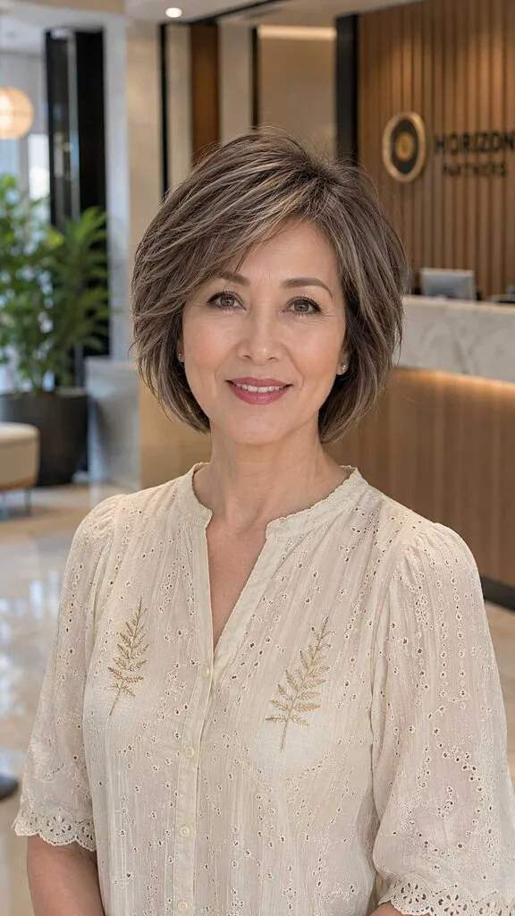 Short wispy layered bob in ash brown with side bangs
