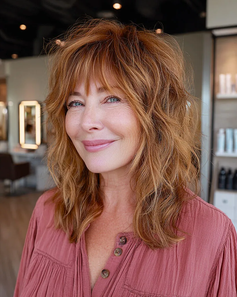 Shoulder-length feathered shag for women over 50 with tousled layers and bangs