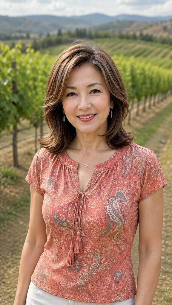 Shoulder-length layered brunette lob with caramel highlights
