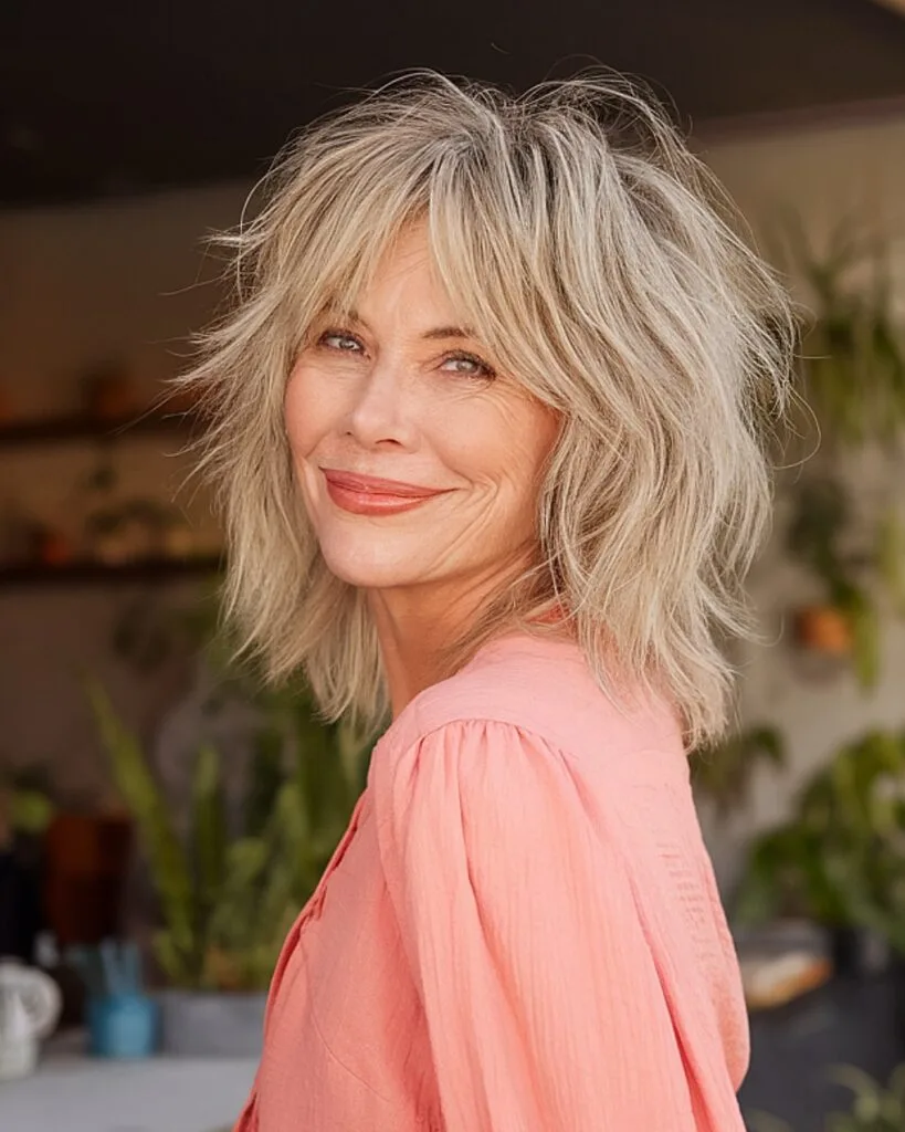 Shoulder-length shag haircut with tousled layers and subtle bangs for women over 50