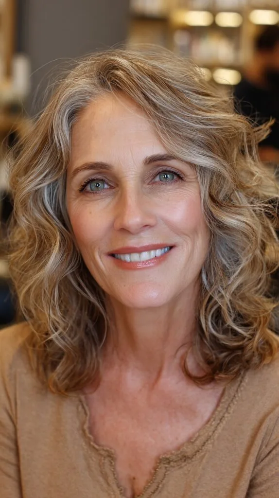 Shoulder-Length Silver-Blended Waves with Natural Crown Lift