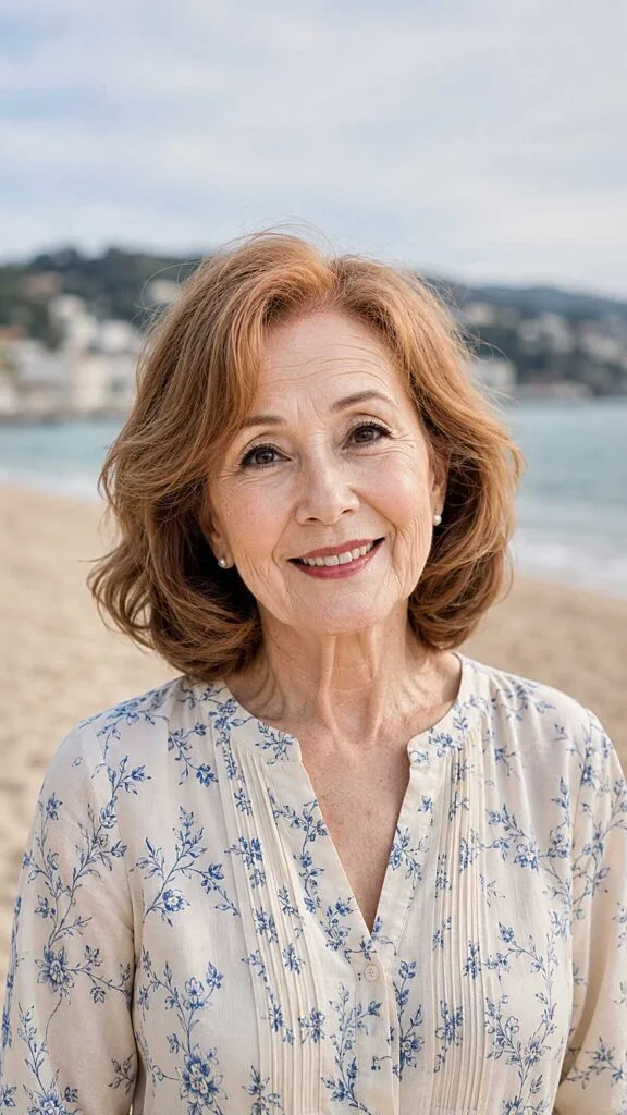 Shoulder-length warm copper wavy hair on older woman