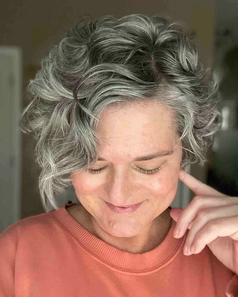 Side-Parted Wavy Pixie Bob on Silver Haired Women Over 50