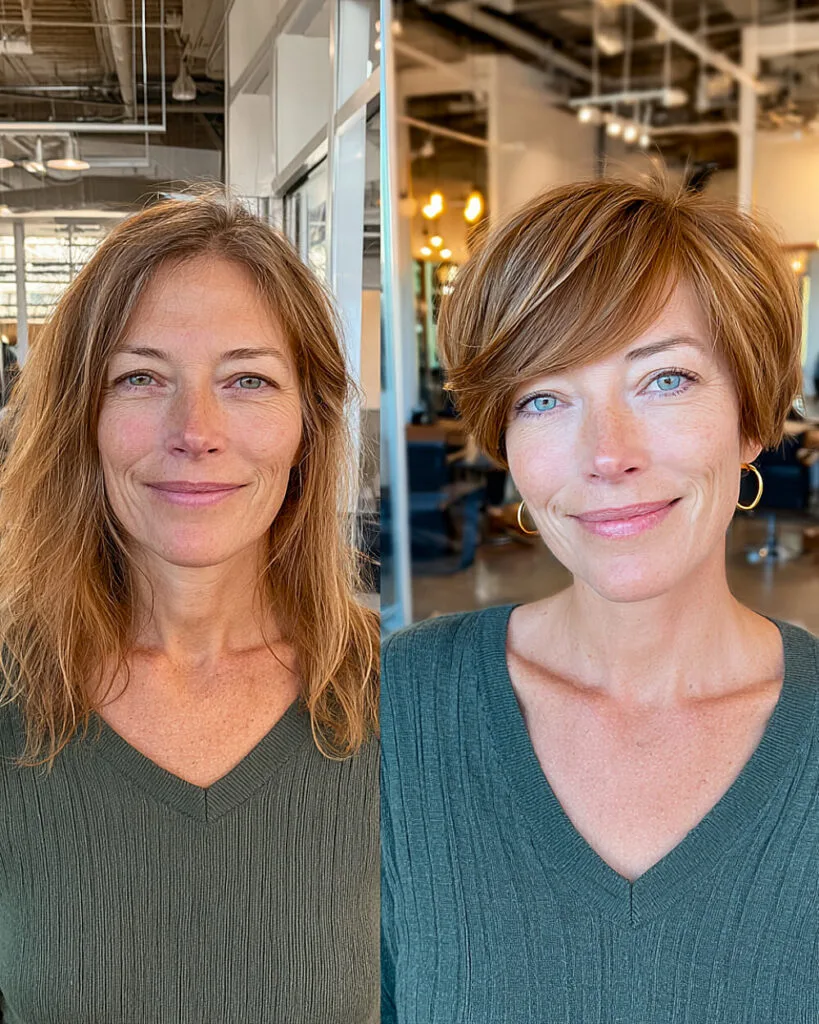 Side-swept pixie bob makeover for women over 50 with fine hair
