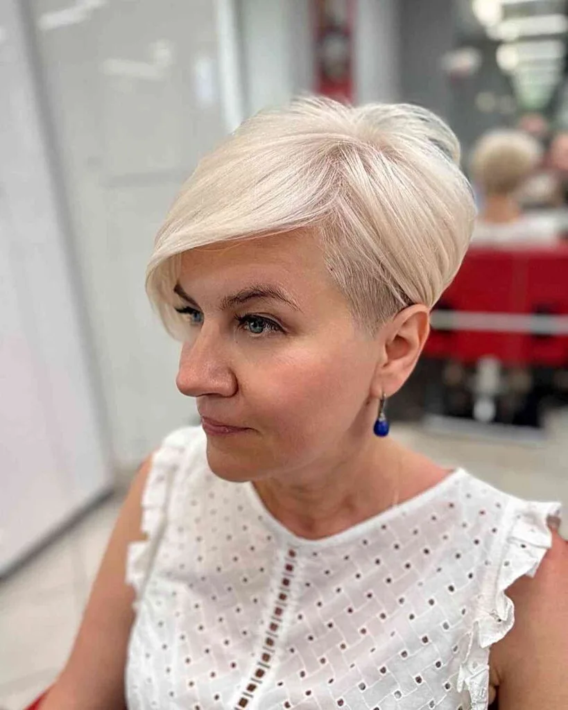 Side-Swept Undercut Long Pixie on older women with Fine Hair