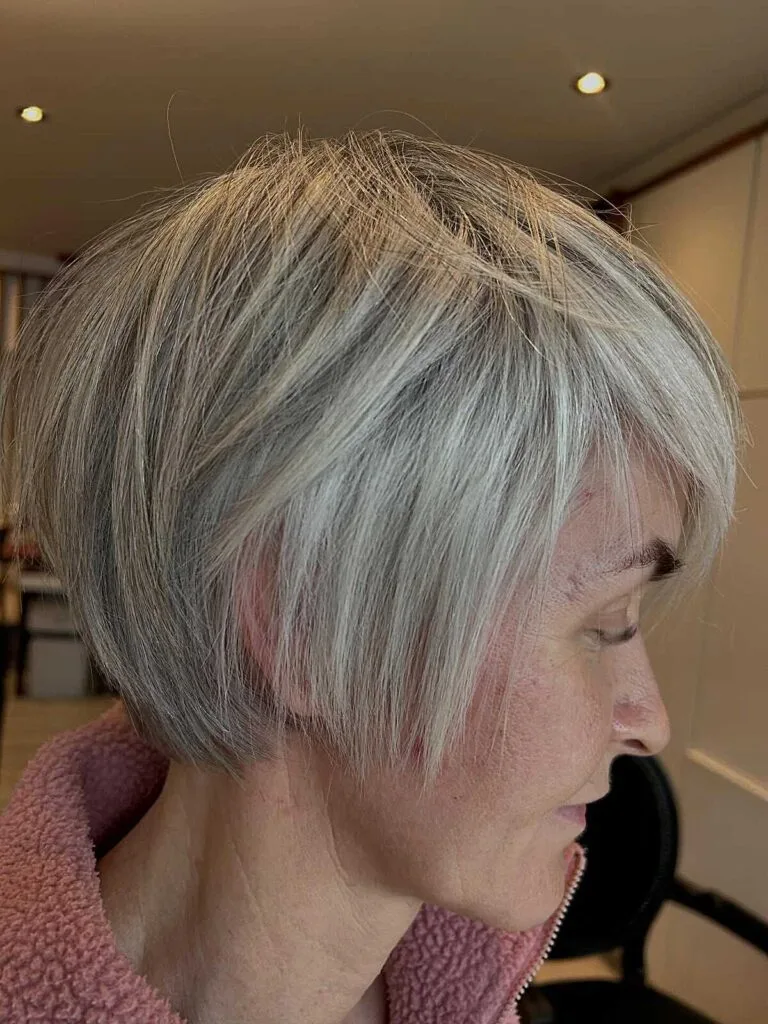 Silver and golden blonde structured bixie bob with bangs