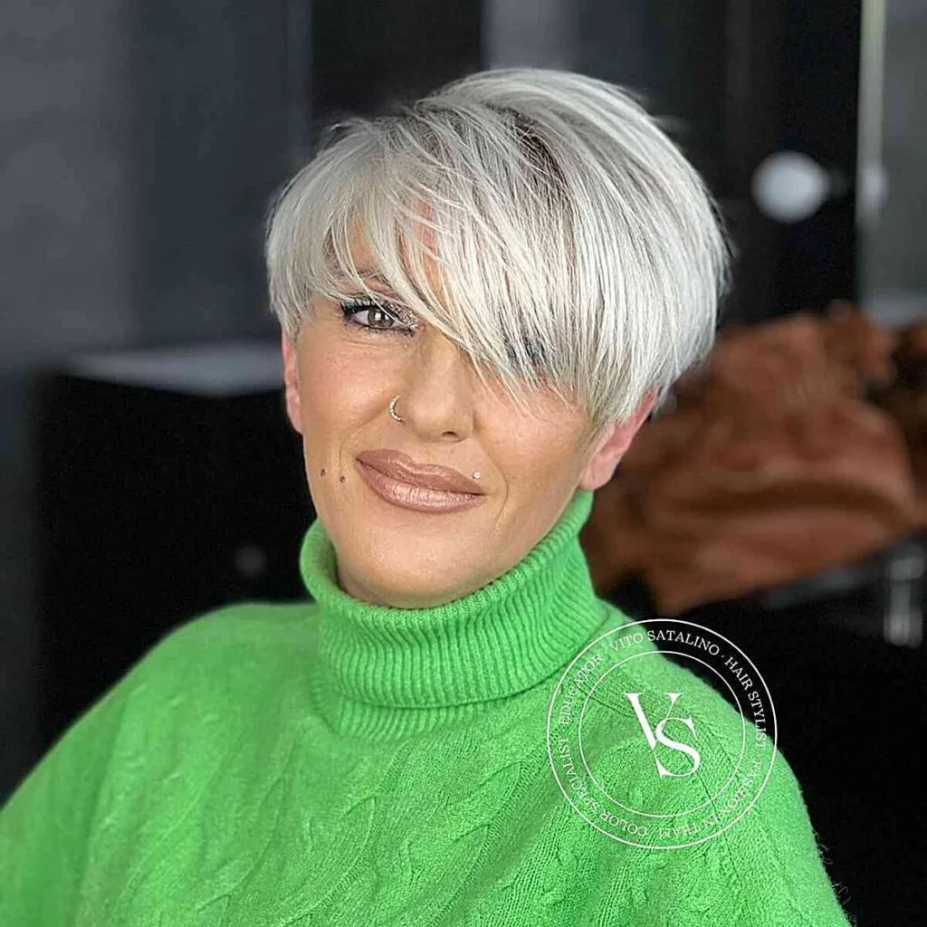 Silver Grey Long Pixie with Bangs on Older Women with Oval Face