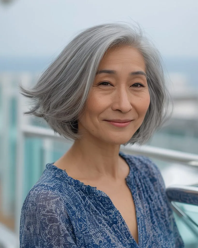 Silver layered bob with outward flicked ends for women over 50 seeking modern elegance
