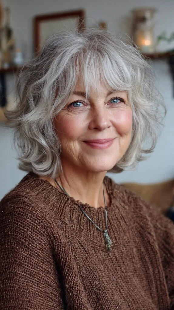 Silver Layered Shag Bob with Wispy Curtain Bangs