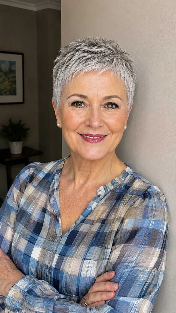 Silver pewter layered pixie on smiling woman in plaid