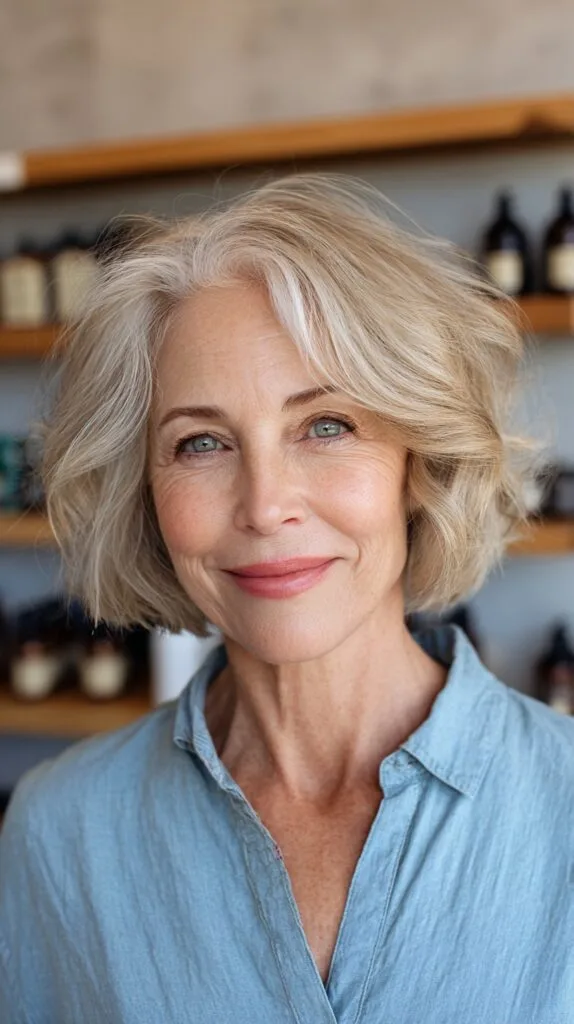 Silver-Rooted Layered Chin-Length Bob with Curtain Sweep
