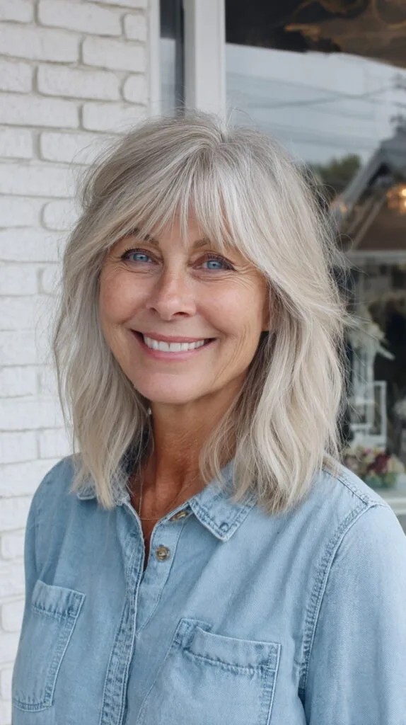 Silver Textured Shoulder-Length Shag with Wispy Fringe
