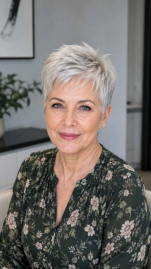 Silver white feathered pixie cut with spiky texture over 50