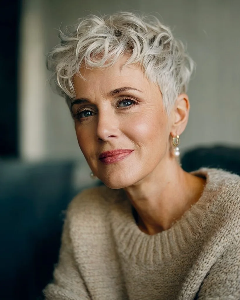 Silversway wavy pixie cut with textured crown and silver-white tone for women over 50