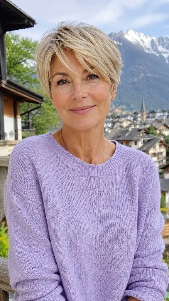 Sleek blonde long pixie with angled fringe