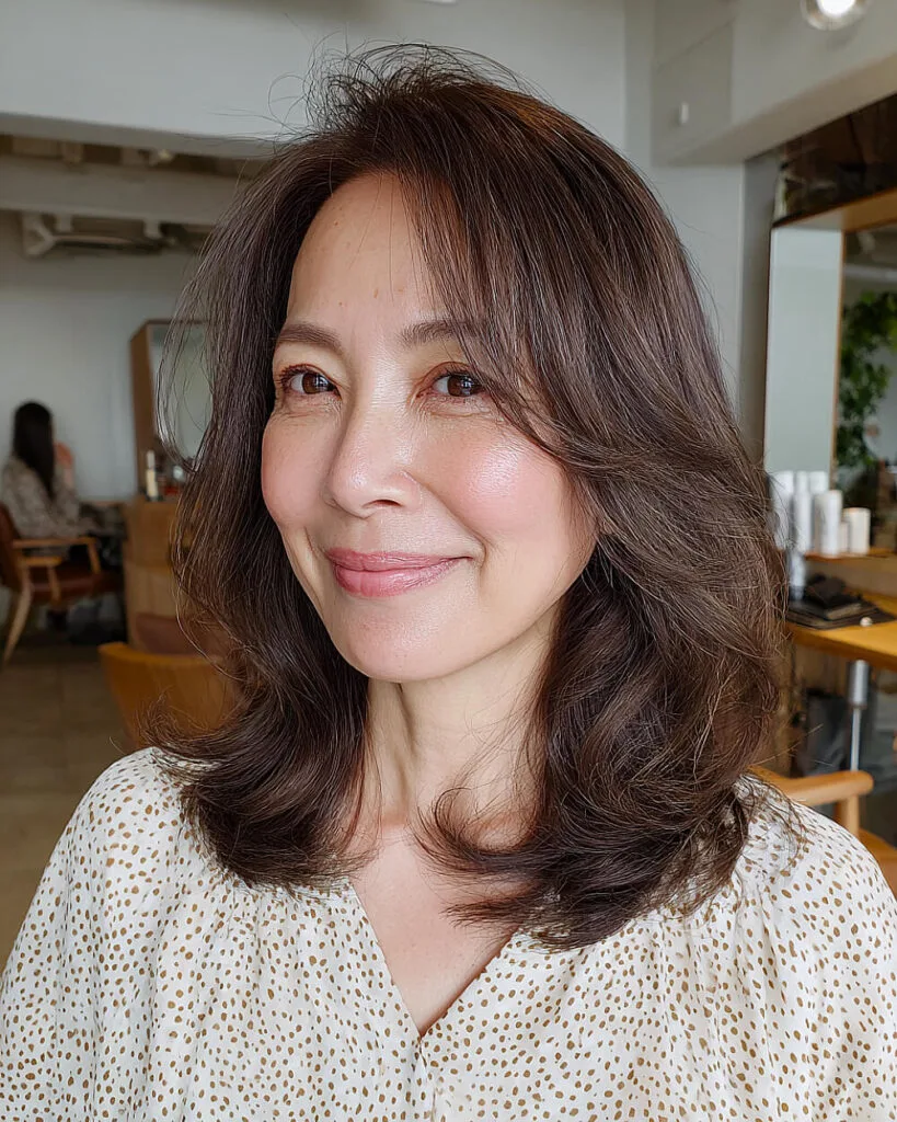 Sleek collarbone-length long bob for women over 50 with voluminous face-framing layers