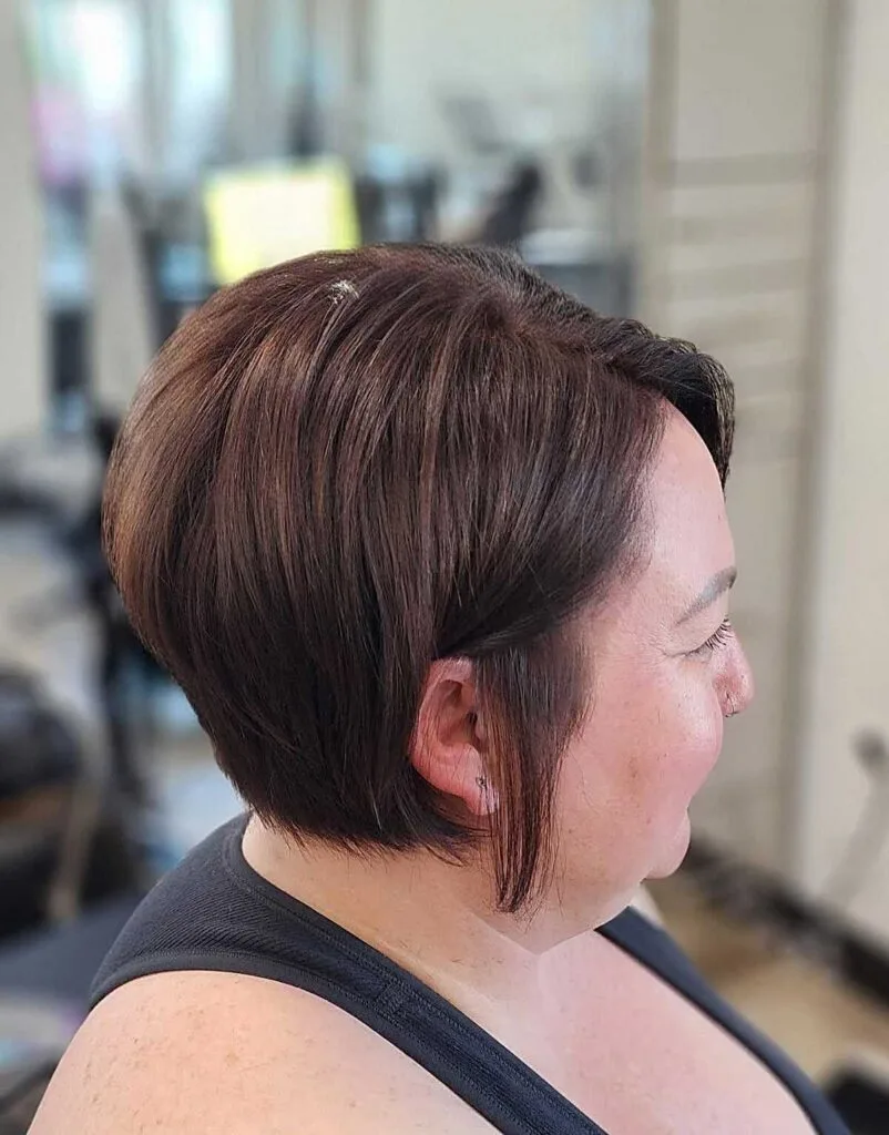 Sleek dark brunette graduated bixie with smooth finish