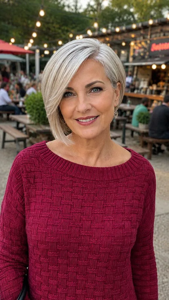 Sleek platinum chin-length bob with deep side part
