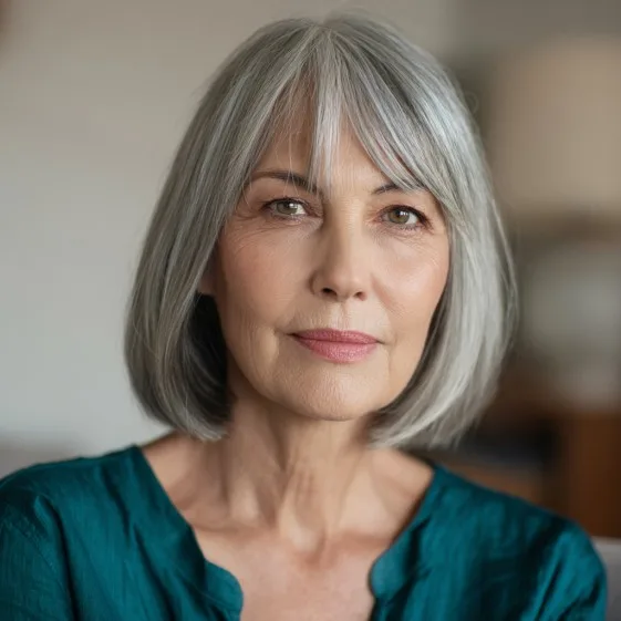 Sleek Silver Blunt Bob with Subtle Face-Framing Layers