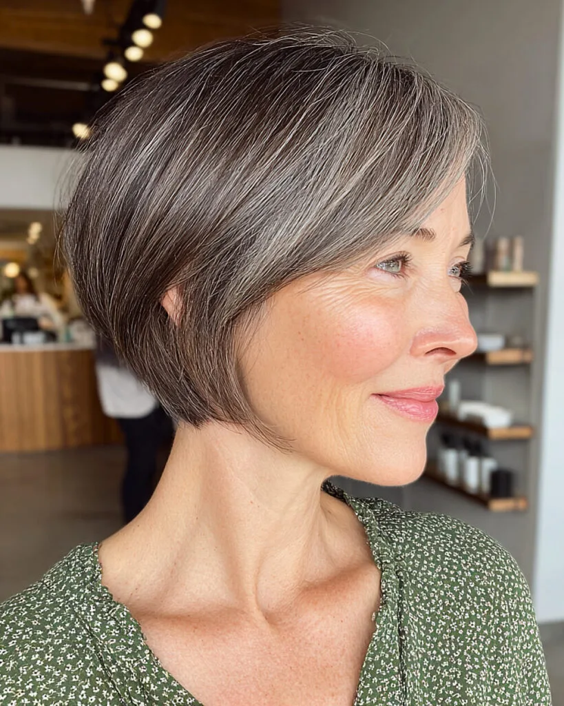 Sleek silver pixie bob with long layers