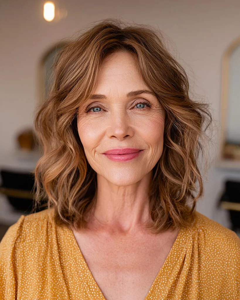 Slightly wavy shoulder-length lob for women over 50 with loose curls and layered ends