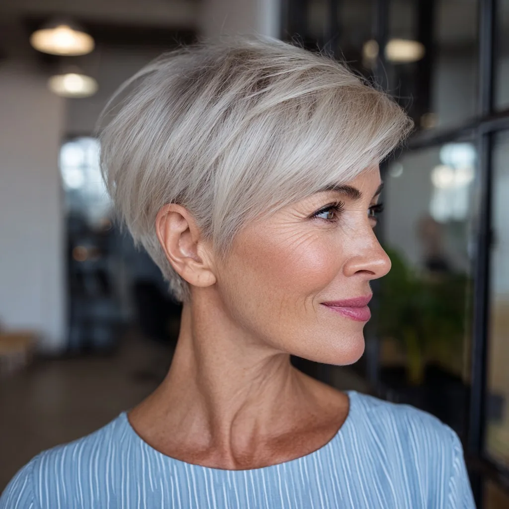 Soft Ash Blonde Stacked Pixie with Elevated Volume