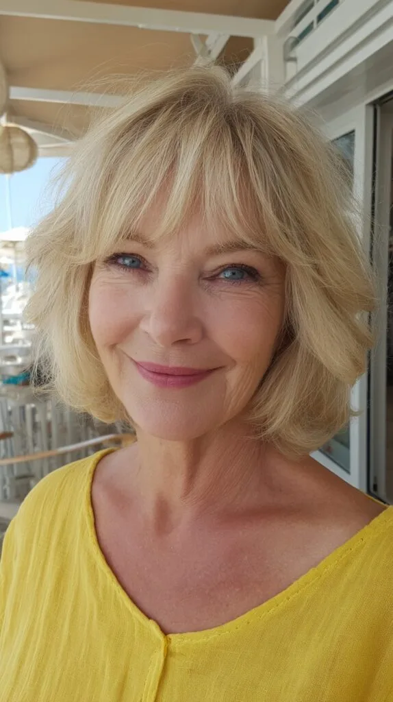 Soft Blonde Rounded Shag with Short Curtain Fringe