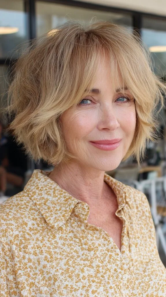 Soft Blonde Shaggy French Bob with Wispy Curtain Fringe