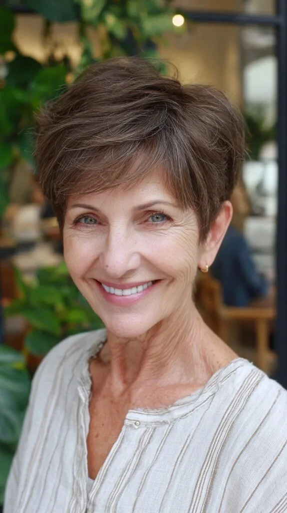 Soft Brown Pixie with Lifted Crown and Salt-and-Pepper Dimension