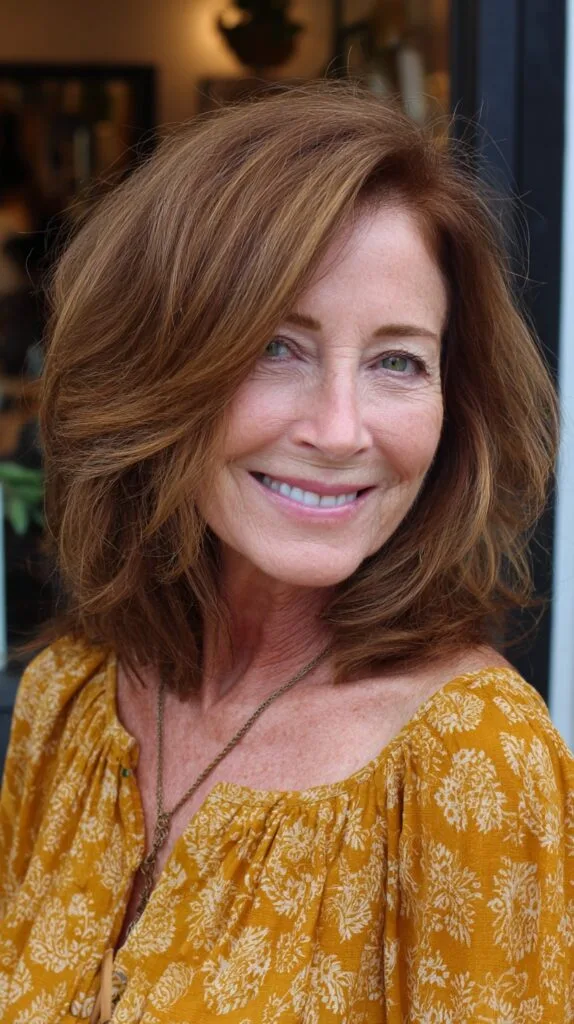 Soft Face-Framing Layered Lob with Warm Copper-Bronze Highlights