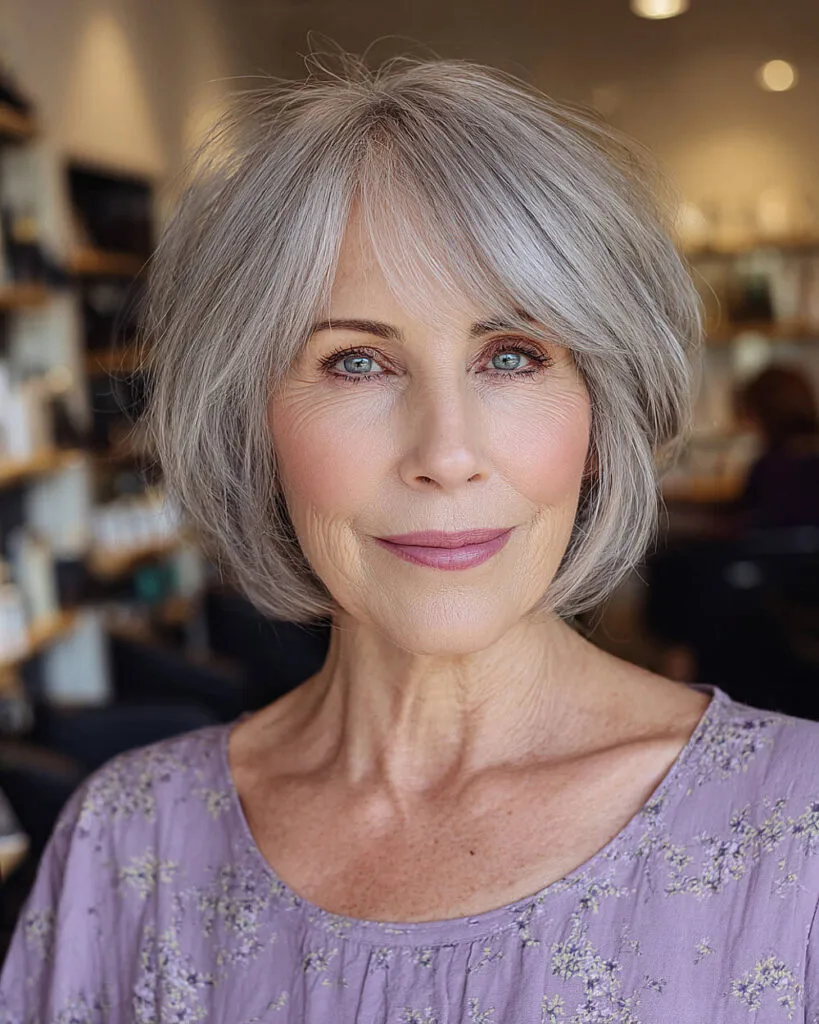 Soft feathered bob with side bangs on silver-gray hair, ideal for mature women seeking a light, flattering shape