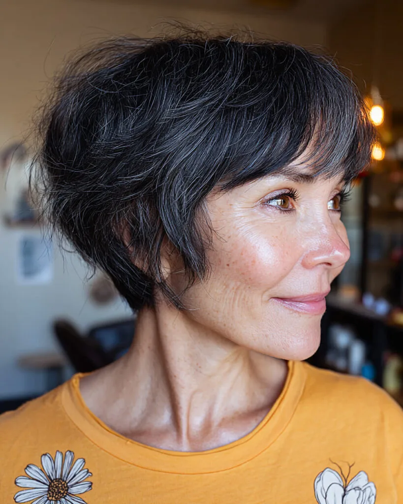 Soft feathered pixie bob with side bangs