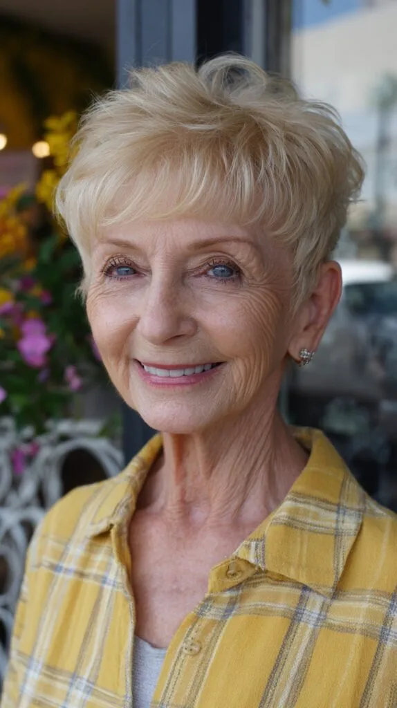 Soft Feathered Short Blonde Pixie with Lifted Crown