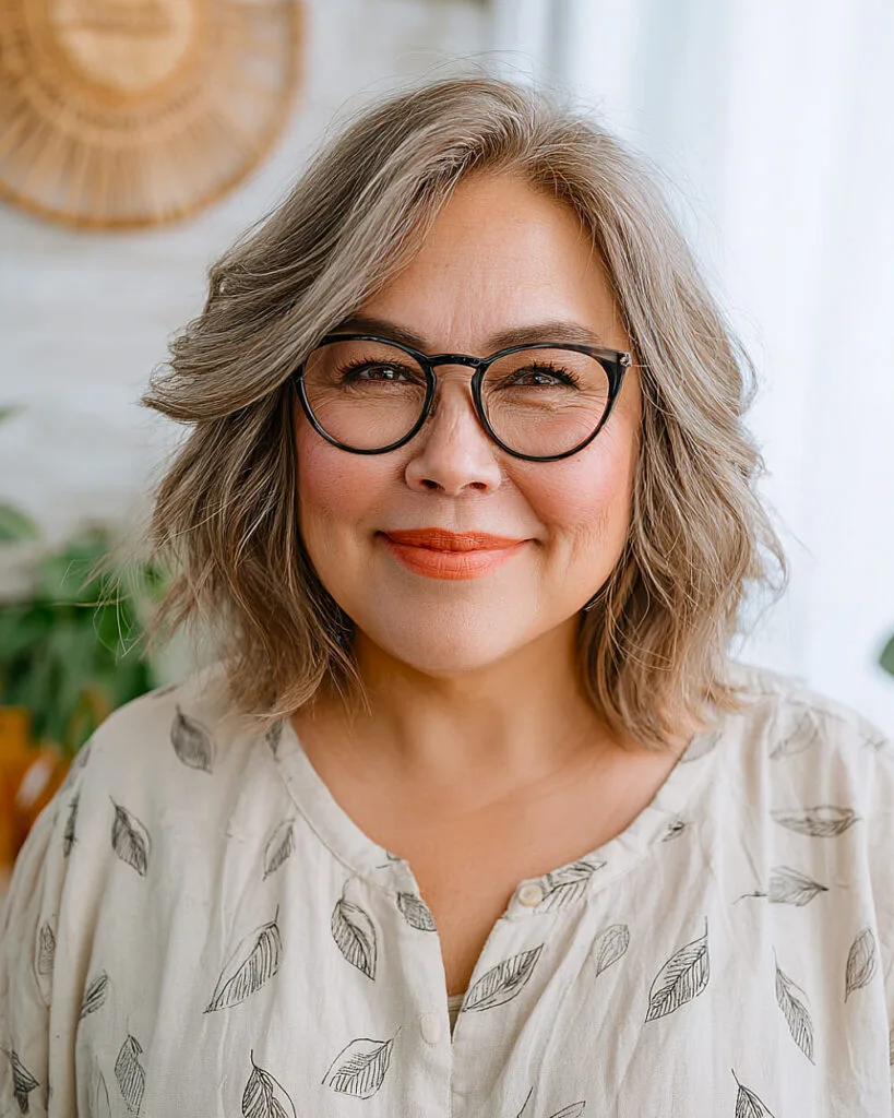 Soft flipped-end lob for women over 50 with natural waves and silvery blonde balayage