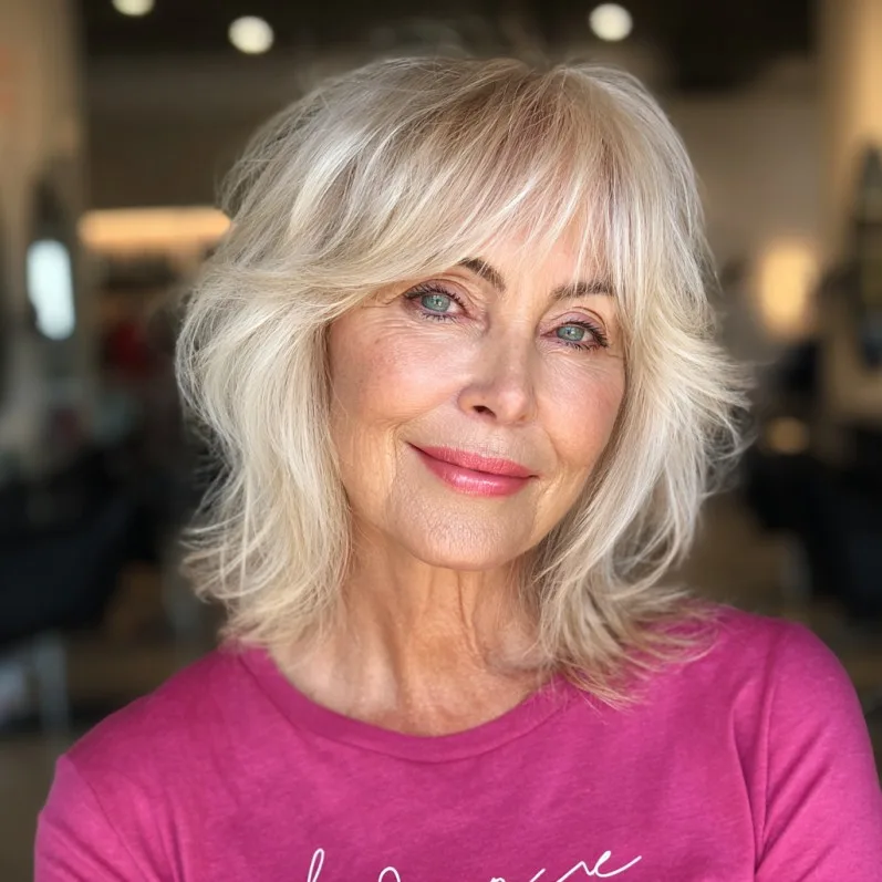 Soft Layered Ash Blonde Shag with Feathered Bangs