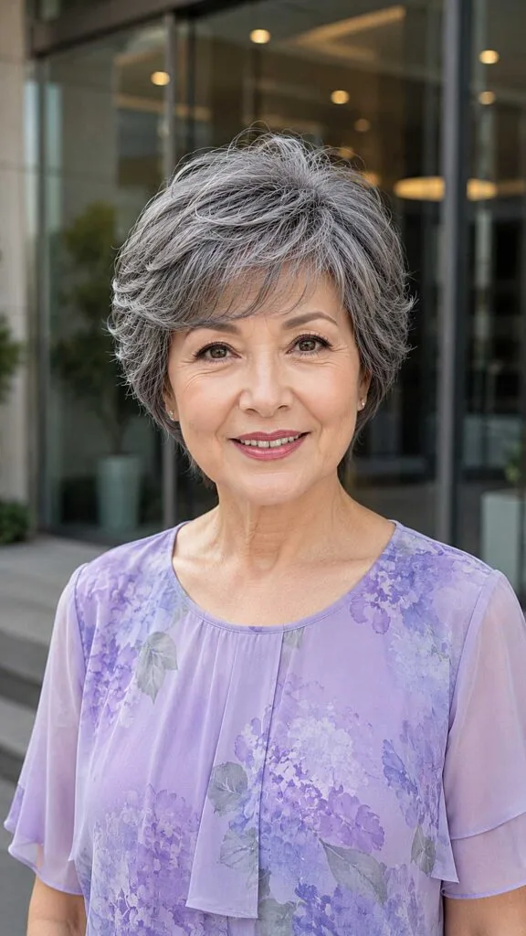 Soft layered gray pixie with gentle wave and volume