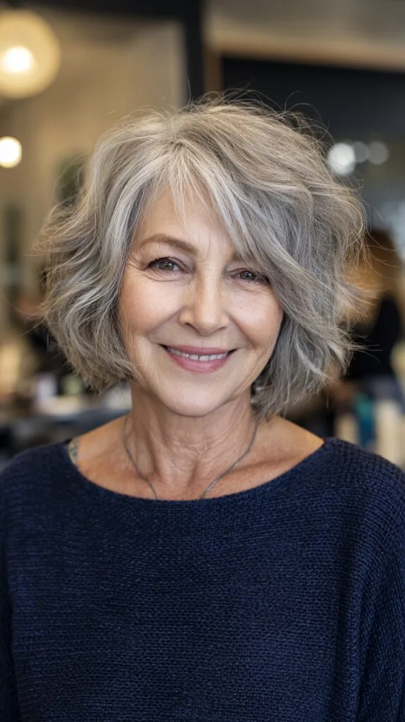 Soft Layered Gray Shag Bob with Side-Swept Micro Fringe