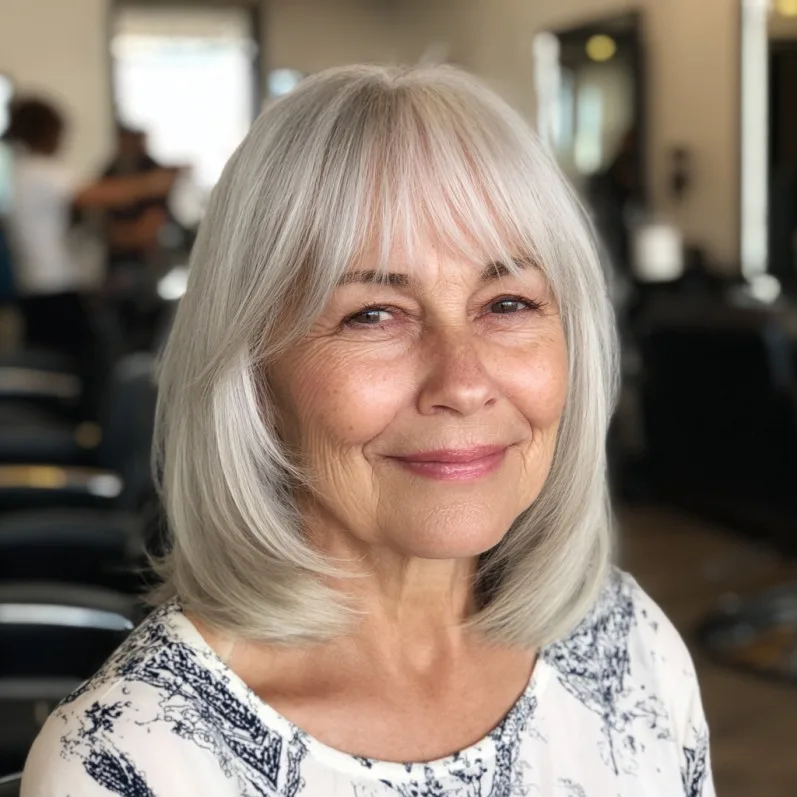 Soft Layered Silver Lob with Side Bangs