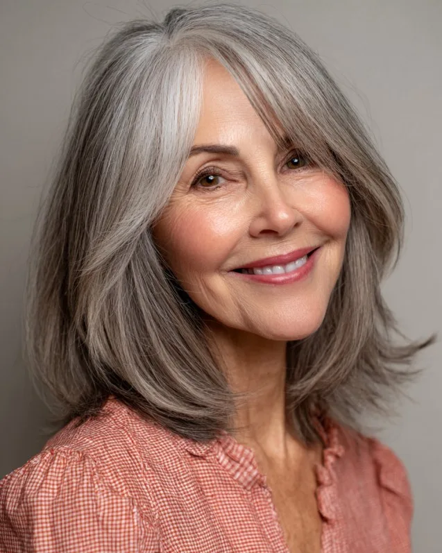 Soft Layered Silver Shine with Face-Framing Bangs