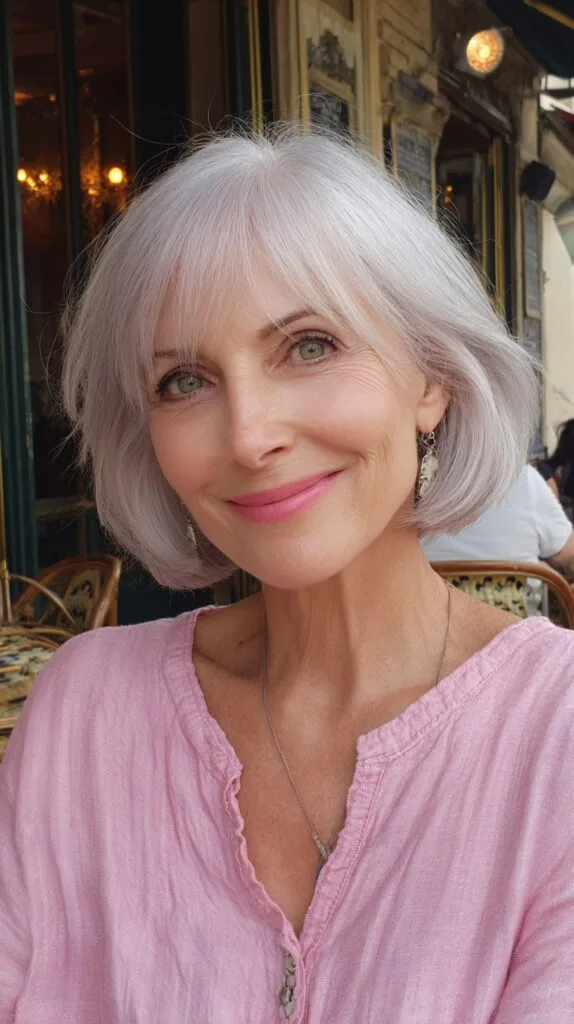 Soft Pearl Silver Chin-Length Rounded Bob with Wispy Micro-Bangs