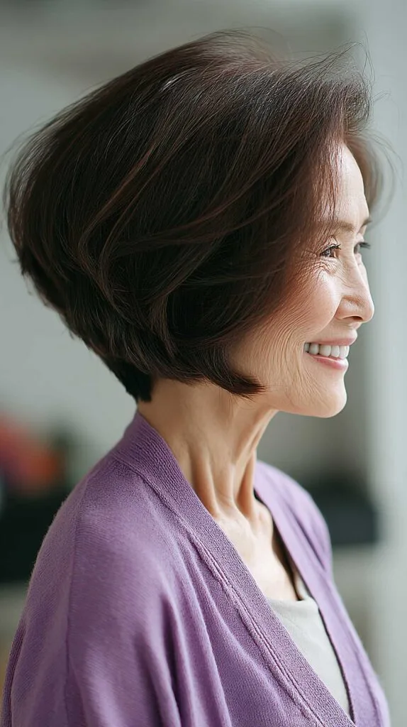 Soft plum-brown classic angled bob with smooth finish