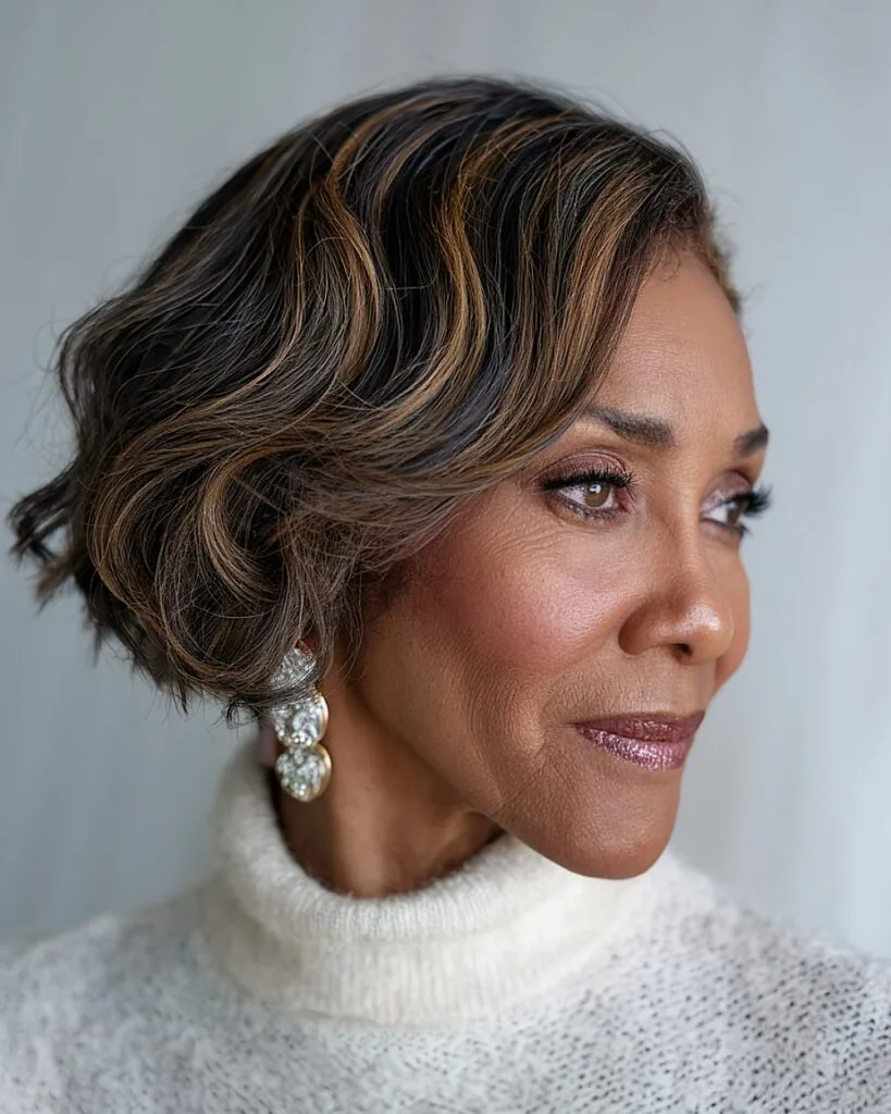 Soft S-curve bob with face-framing waves and subtle brown balayage for fine hair over 60