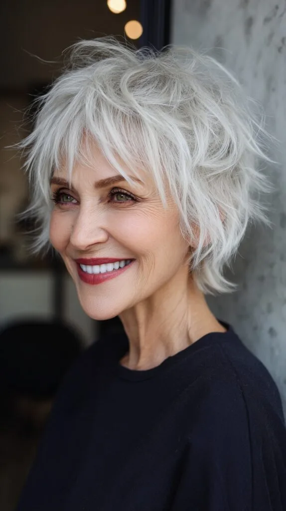 Soft Silver Choppy Wolf Cut with Wispy Fringe