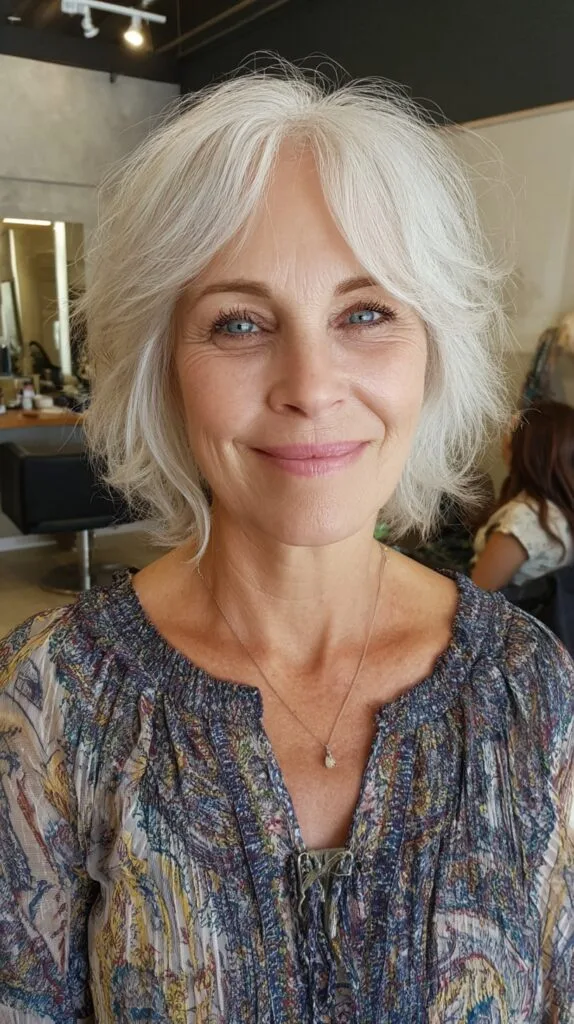 Soft Silver Curtain-Shag Bob with Lifted Crown Layers